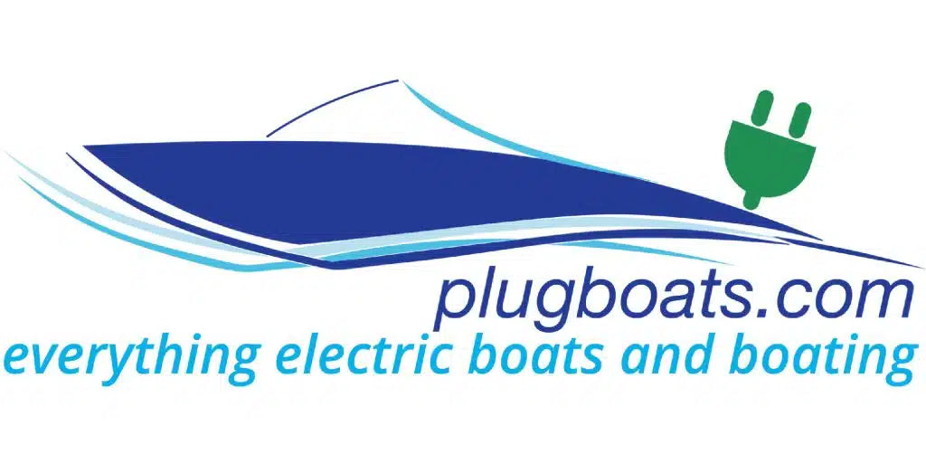 Logo for plugboats.com featuring an electric boat illustration and a plug icon on a white background.