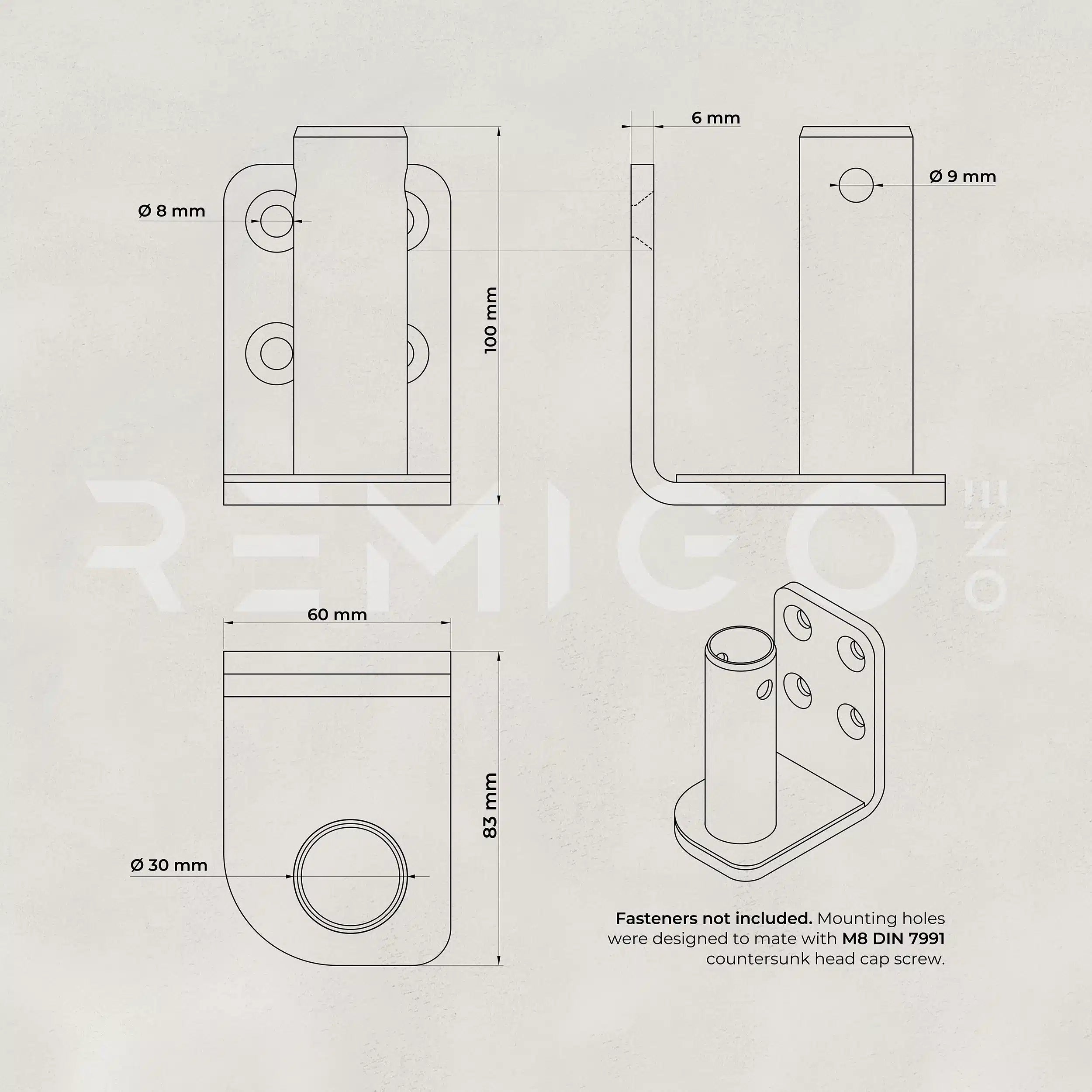 Technical drawing of a metal bracket with dimensions on a light gray background